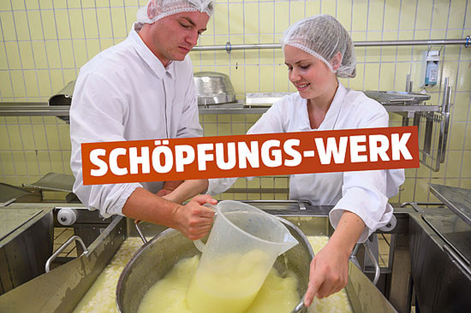 Motiv: Norbert zieht mit einem großen Schöpfbecher die Molke ab. Text: Schöpfungs-Werk. 