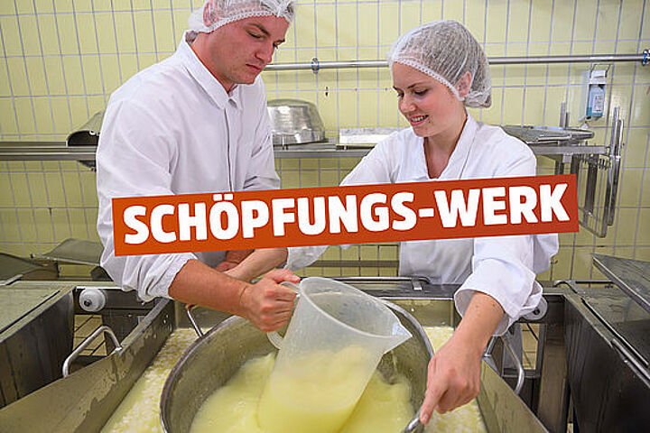 Motiv: Norbert zieht mit einem großen Schöpfbecher die Molke ab. Text: Schöpfungs-Werk. 