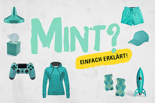 Collage: Mehrere mintfarbene Gegenstände, z. B. Deckenlampe Badehose, Gummibärchen und Rakete
