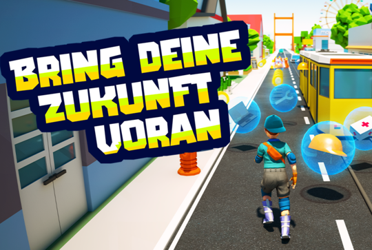 Illustration eines jungen Menschen, der auf einer Straße in die Zukunft geht. 