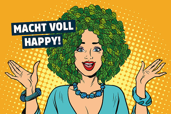 Bild im Comicstil: eine lachende Frau; auf ihrem Kopf wachsen Blätter statt Haaren. Text: „Macht voll happy!“