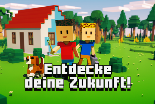 Illustration zweier Jungen im Minecraft-Design, die über eine Wiese gehen.