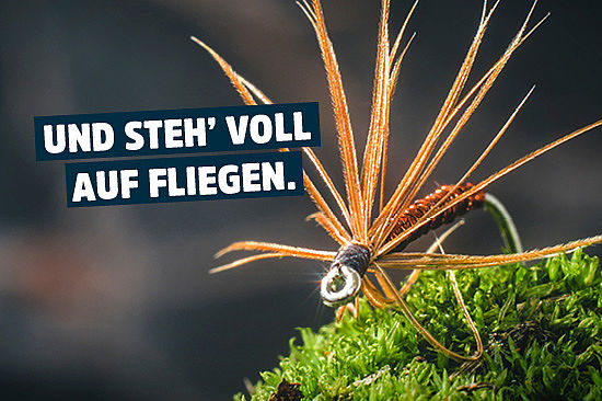 Foto: ein Köder zum Fliegenfischen. Text: „Und steh‘ voll auf Fliegen.“