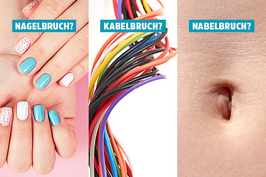 Drei Nahaufnahmen nebeneinander: Zwei Hände mit farbigen Fingernägeln, ein Bündel Kabel, ein Bauchnabel.