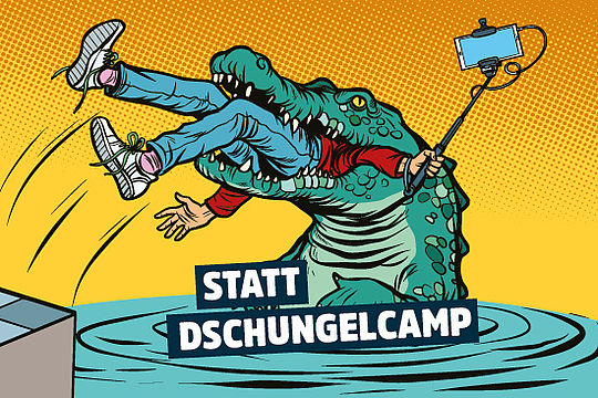 Bild im Comicstil: Ein Alligator verschlingt einen Menschen. Text: „Statt Dschungelcamp.“