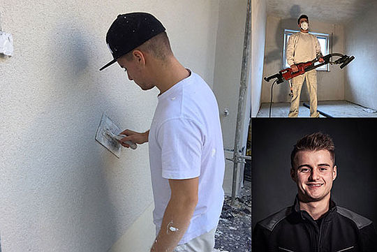 Gipser Felix bei der Arbeit // Auf einer Baustelle: Gipser Felix mit Arbeitsgerät // Porträtfoto: Gipser Felix