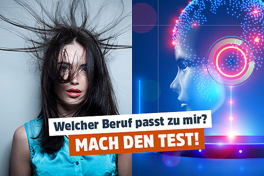 Motiv 1: Einer Frau stehen lange Haare vom Kopf ab. Motiv 2: Futuristische Illustration eines Gesichts. Logo: Welcher Beruf passt zu mir? Mach den Test!