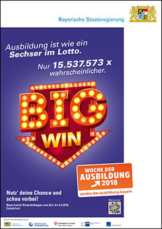 Motiv: Leuchttafel im Casino Stil mit Aufschrift "Big Win". Zeile darüber: "Ausbildung ist wie ein Sechser im Lotto.