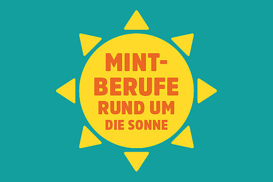 Illustration: eine Sonne. Text: „MINT-Berufe rund um die Sonne“.