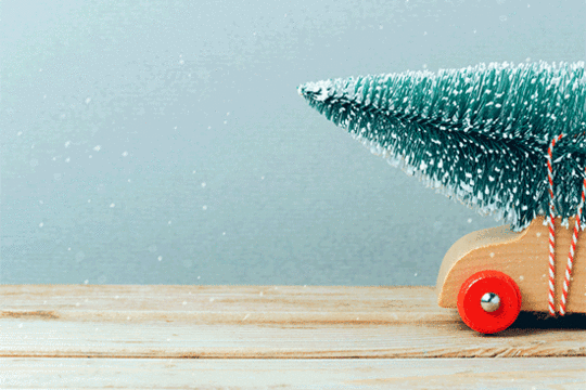 Animation: Ein Spielzeugauto aus Holz fährt durchs Bild, auf dem Dach ein Plastikweihnachtsbaum.