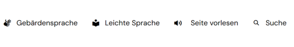 Die Symbole für Gebärdensprache, Leichte Sprache, die Vorlesefunktion und die Suche.