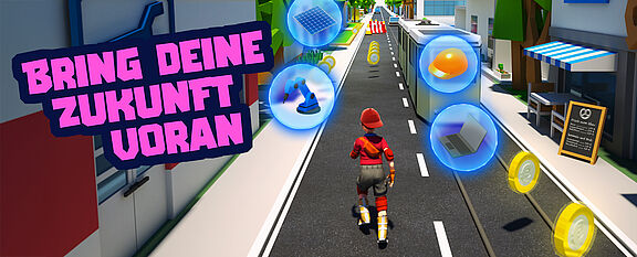 Eine Figur aus dem Spiel Subway Surfer. Darüber der Schriftzug „Bring deine Zukunft voran“.