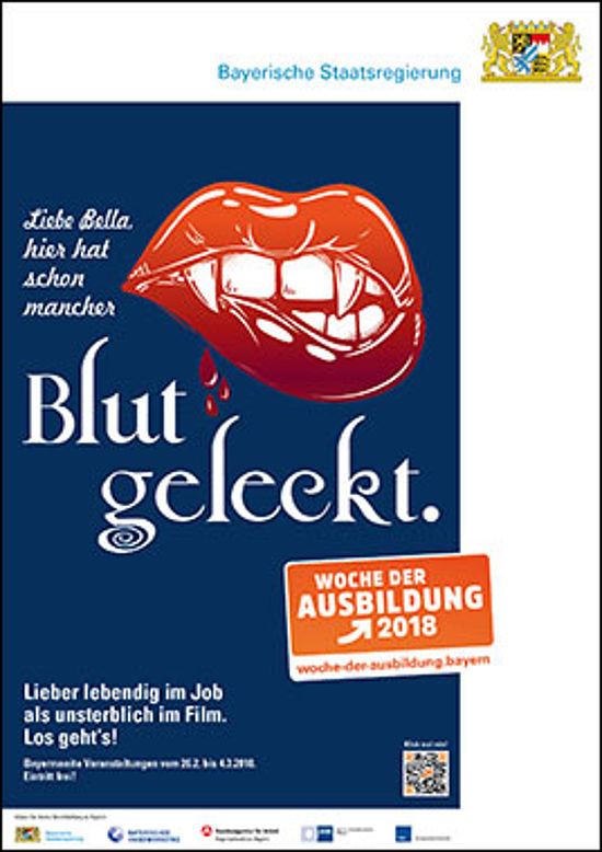 Illustration eines blutigen Mundes mit Vampirzähnen. Zeile: "Liebe Bella, hier hat schon mancher Blut geleckt