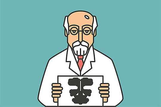 Zeichnung: Ein alter Professor im weißen Kittel zeigt ein Testbild.