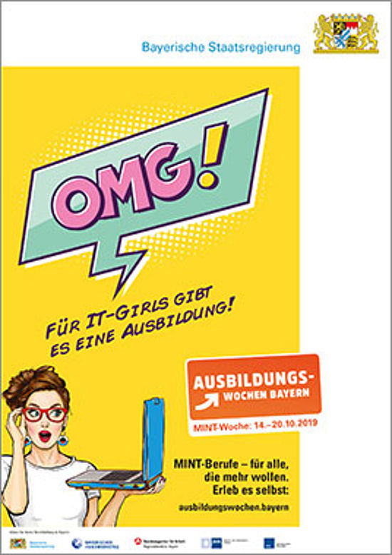 Illustration: Frau mit Laptop. Inhalt Sprechblase: „OMG! Für IT-Girls gibt es eine Ausbildung!“