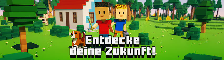 Illustration zweier Jungen im Minecraft-Design, die über eine Wiese gehen.