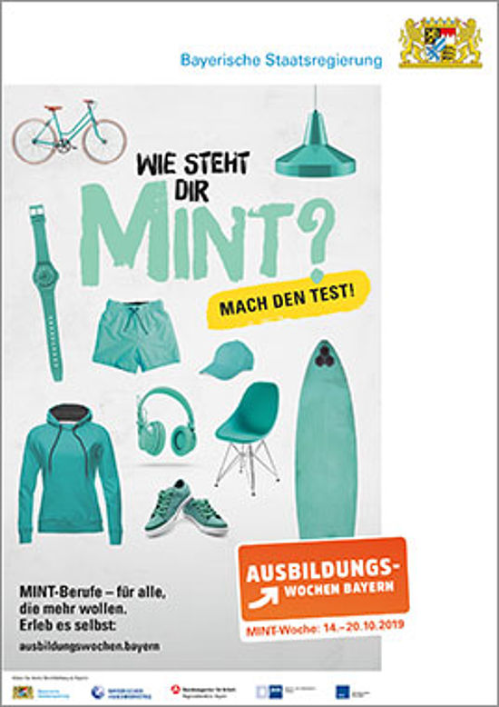 Darstellung von mintfarbenen Gegenständen wie Armbanduhr, Fahrrad, Hängelampe, Surfbrett. Zeile: "Wie steht dir MINT"?
