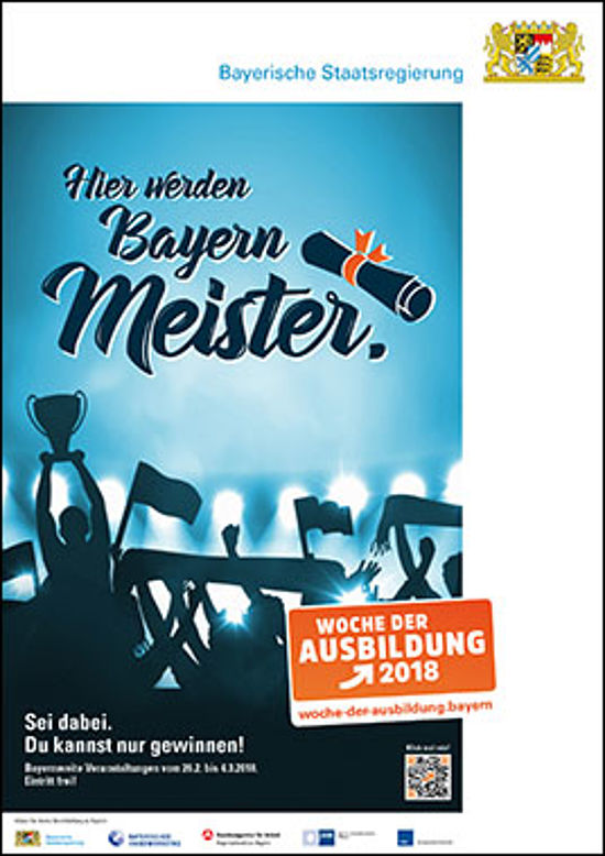 Illustration einer jubelnden Menschenmasse mit Stadionbeleuchtung. Darüber steht "Hier werden Bayern Meister.
