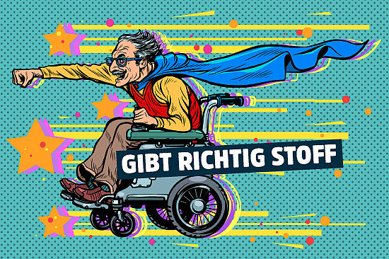 Bild im Comicstil: Mann mit Superhelden-Cape rast im Rollstuhl. Text: „Gibt richtig Stoff.“ 