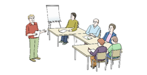 Vier Personen nehmen an einem Kurs teil.