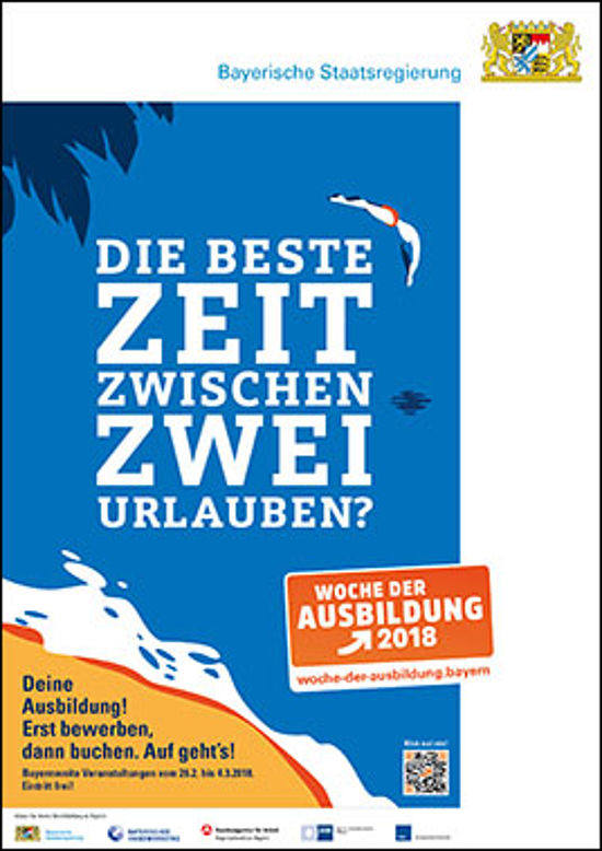 Illustration eines Strandes mit Palme und Meer. Zeile: "Die beste Zeit zwischen zwei Urlauben? Deine Ausbildung!