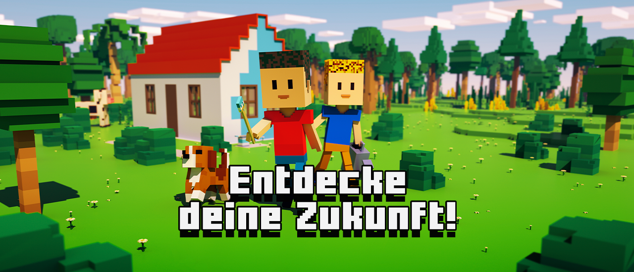 Illustration zweier Jungen im Minecraft-Design, die über eine Wiese gehen.