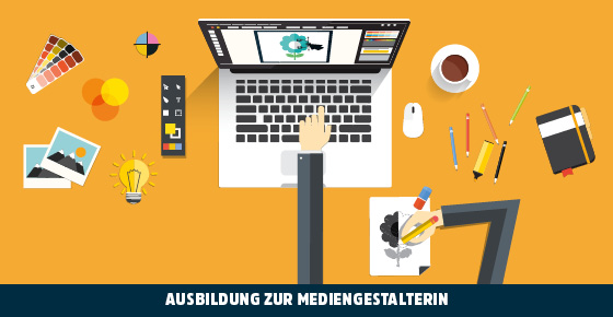 Illustration von Armen, die zugleich am Laptop tippen und eine Blume auf ein Papier malen. Drum herum liegen Stifte, Farbschablonen und Bilder auf dem Schreibtisch.