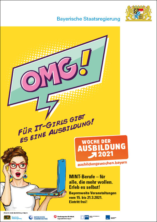 Illustration: Frau mit Laptop. Inhalt Sprechblase: „OMG! Für IT-Girls gibt es eine Ausbildung!“