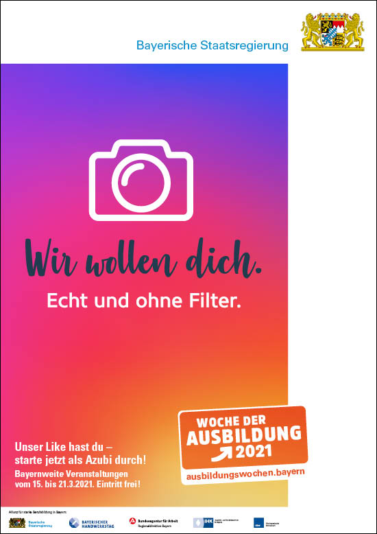 Icon: llustration einer Kamera. Zeile darunter: „Wir wollen dich. Echt und ohne Filter.“