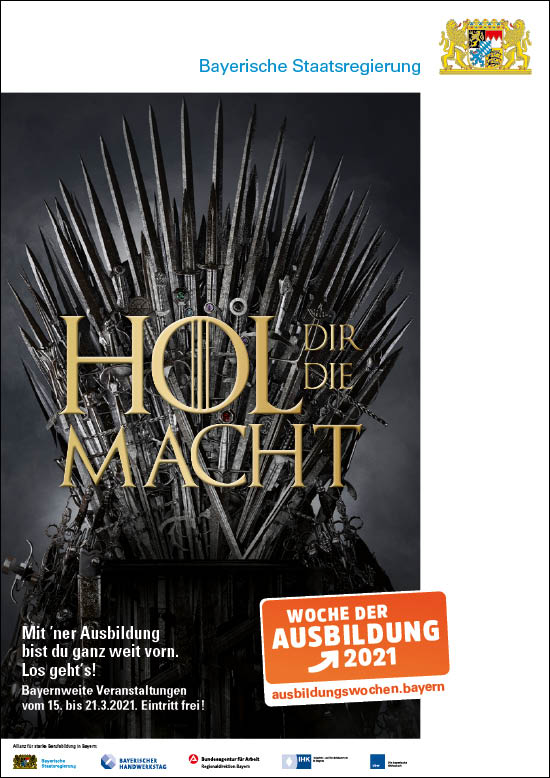 Motiv: Viele Schwerter ragen in den Himmel, düstere Stimmung. Zeile darauf: „Hol Dir die Macht!“