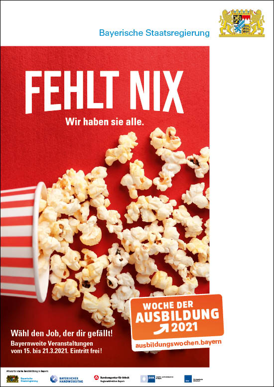 Motiv: Becher Popcorn, viele ausgeschüttete Körner. Zeile: „Fehlt nichts. Wir haben sie alle.“
