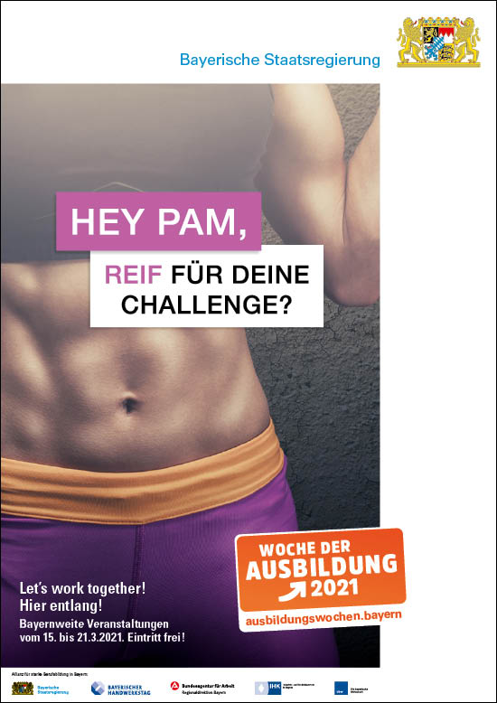 Motiv: Durchtrainierter Bauch einer Frau in Sporthose. Zeile: „Hey Pam, reif für deine Challenge?“