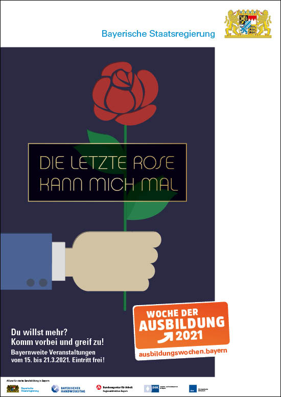 Illustration: Eine Hand hält eine Rose. Zeile darauf: „Die letzte Rose kann mich mal.“
