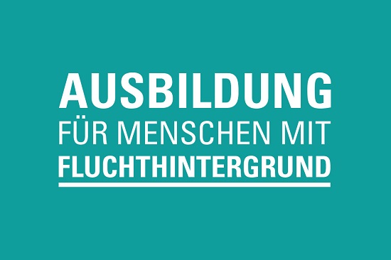 Grafik mit Schriftzug „Ausbildung für Menschen mit Fluchthintergrund“.