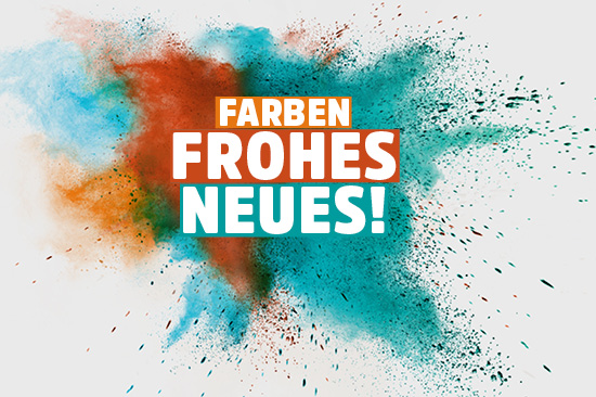 Grafik mit Schriftzug „Farbenfrohes Neues“.