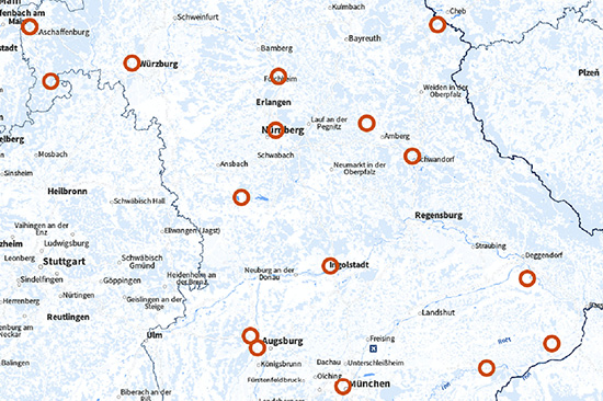 Ausschnitt einer Landkarte mit markierten Orten.