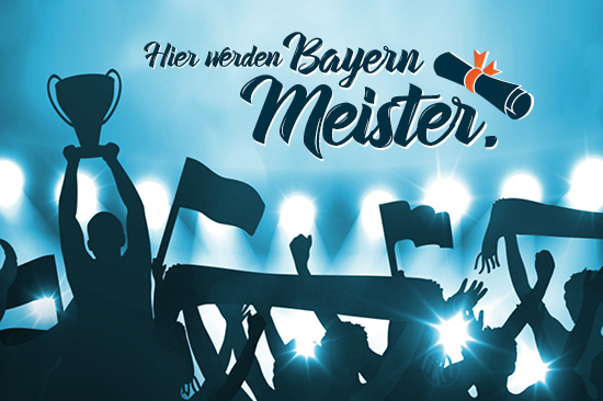 Kampagnenmotiv: Fans im Stadion. Schriftzug: „Hier werden Bayern Meister“.