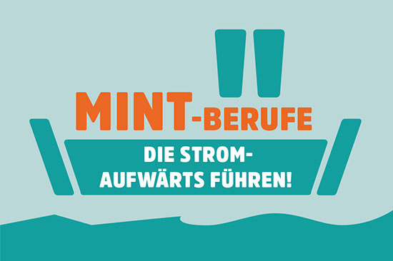 Ein Dampfer mit der Aufschrift: MINT-Berufe, die stromaufwärts führen.