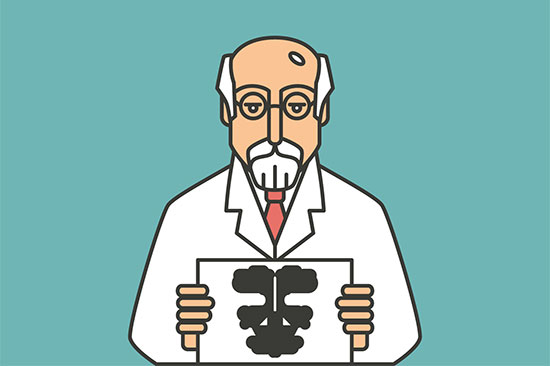Zeichnung: Ein alter Professor im weißen Kittel zeigt ein Testbild. 