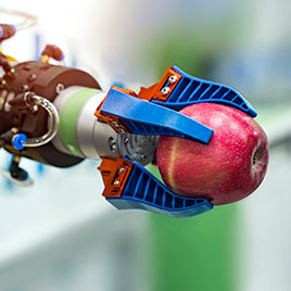 Nahaufnahme: Ein Maschinen-Greifarm hält einen roten Apfel.